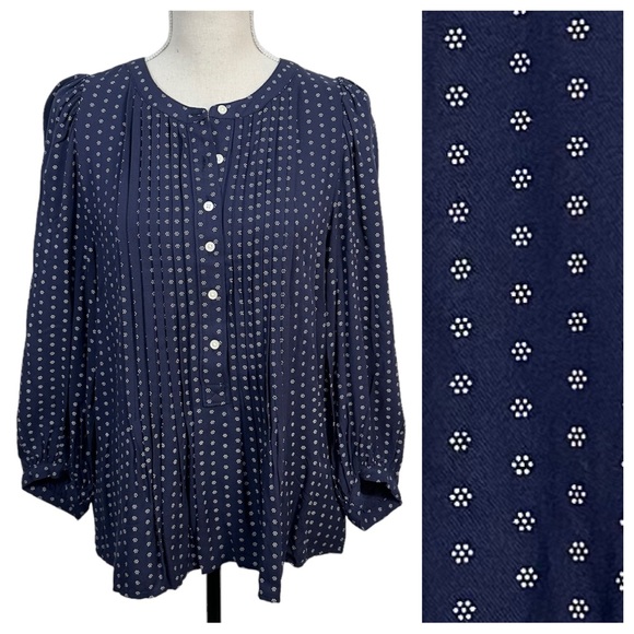 NWT GAP Navy Blue Dot Print Pintuck Pleated Blouse Size M Boho Preppy Office - Picture 1 of 8